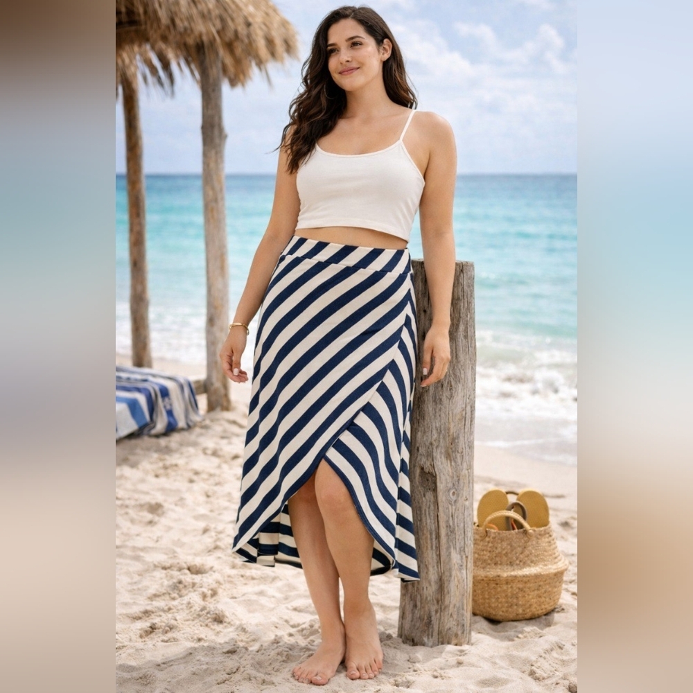 Faux Wrap Midi Skirt Small Striped Pull On Stretchy Elastic Waist Athleta Skirt